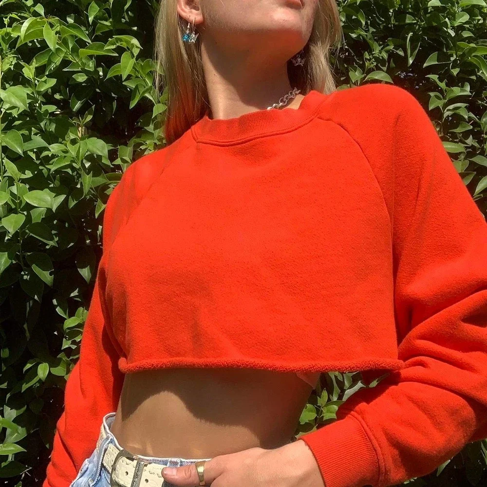 ALO Yoga Red Cropped Crewneck Sweatshirt Long Sleeve Relaxed Fit Raw Hem Size XS